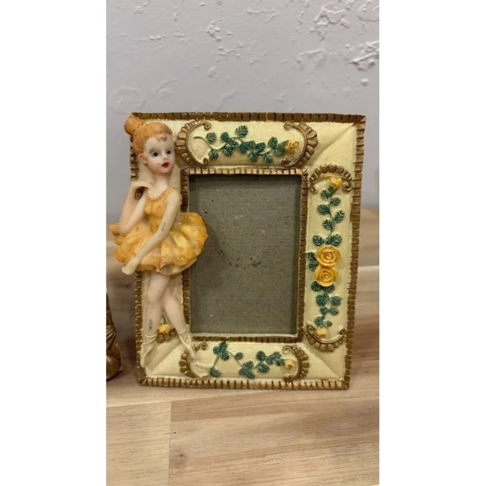 2 Yellow Rose Gold Accent Ballerina Vintage Stand Picture Frames 4 1/4